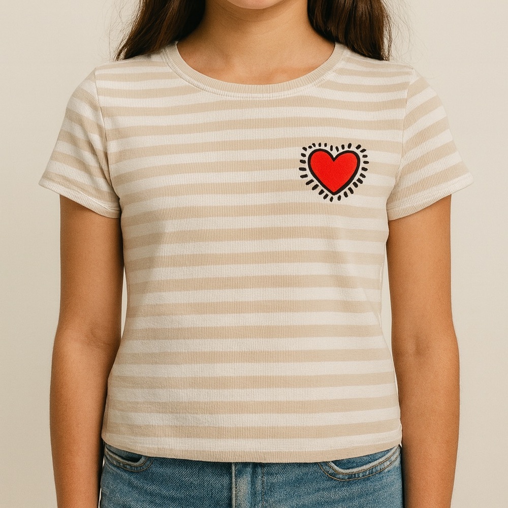 H&M x Keith Haring Striped Heart Tee – Size 14 Kids